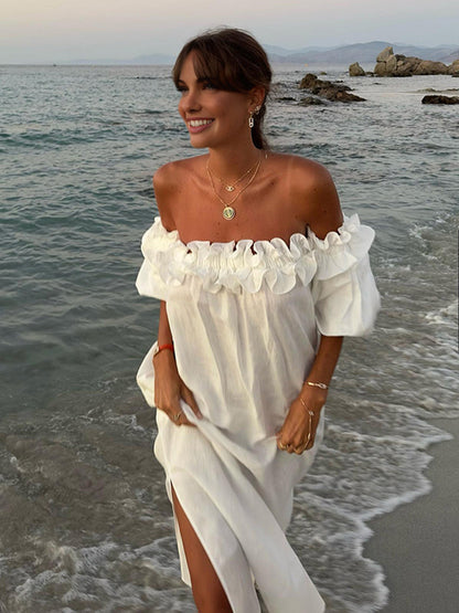 LORELEI | OFF-SHOULDER LINEN MIDI DRESS